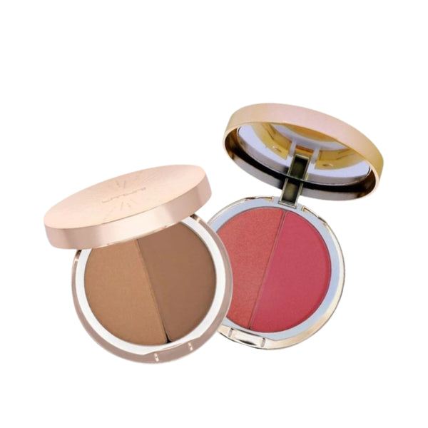 Due compatte aperte di bronzer illuminante vegano, una con tonalità marrone caldo Copacabana e l'altra con blush rosa e. - NEW BRONZER ILLUMINANTE VEGAN - Copacabana